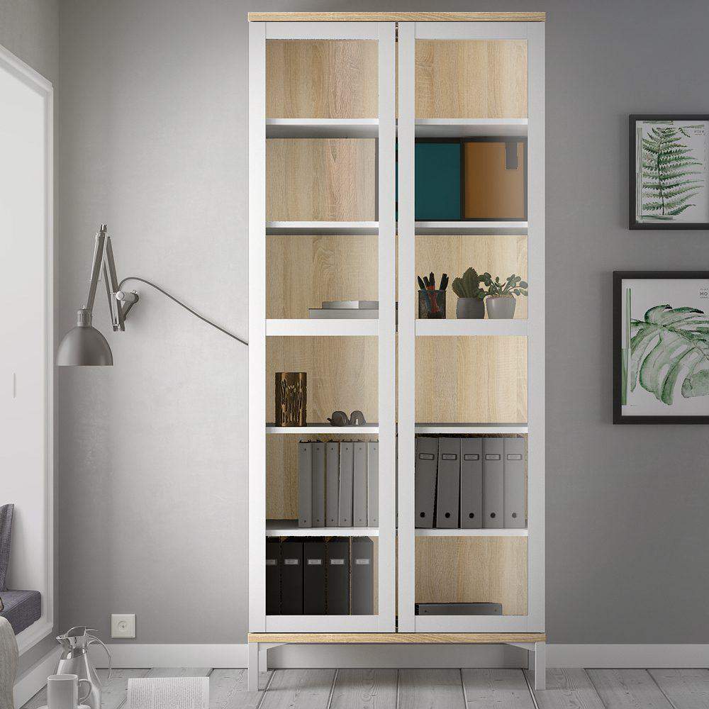 Roomers Glazed Display Cabinet 2 Doors in White and Oak