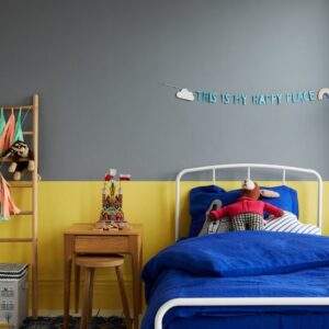 Earthborn Hippo Hooray claypaint on nursery wall with Daisy Chain yellow