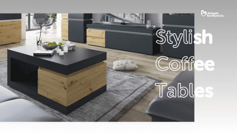 The photograph shows one of our Luci coffee tables in a living room setting with the words Stylish Coffee Table