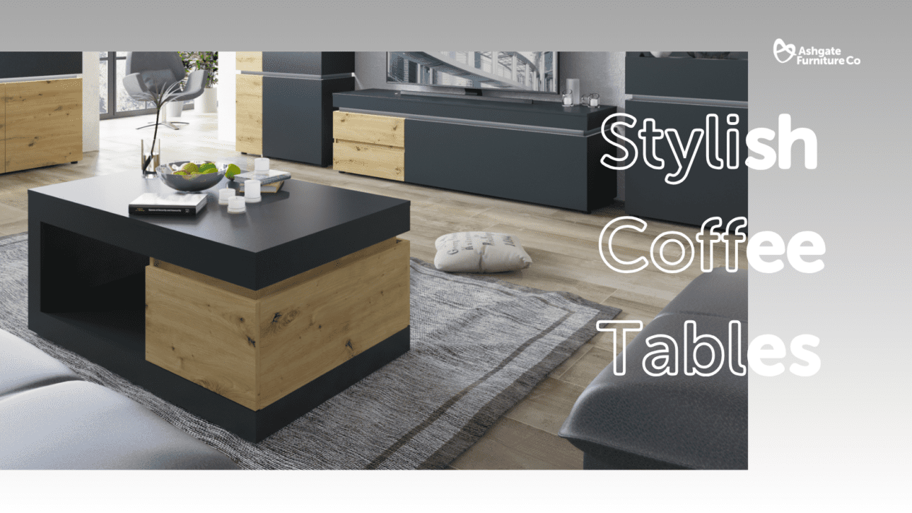 The photograph shows one of our Luci coffee tables in a living room setting with the words Stylish Coffee Table