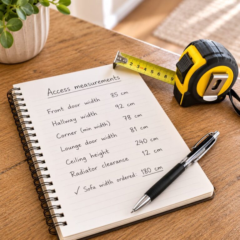 Notepad with measurements, pen and tape measure