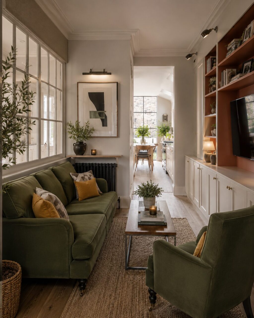 Long narrow sitting room with an Abigail sofa