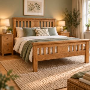 Cosy Sage Green Oak Bedroom Melbourne Country Double bed room scene